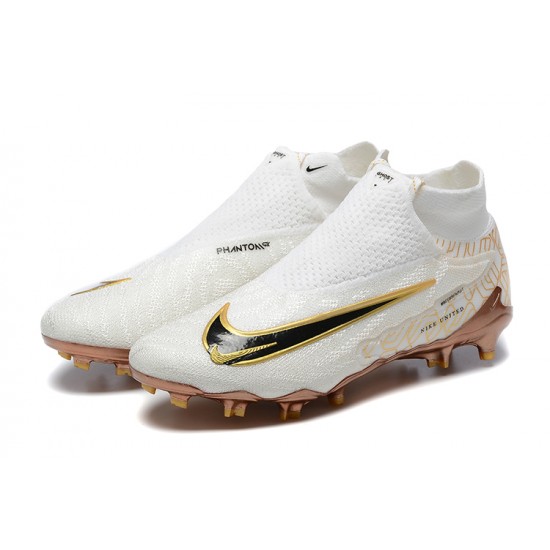 Nike Phantom GX Elite FG High Top Football Boots White Gold Black For Men